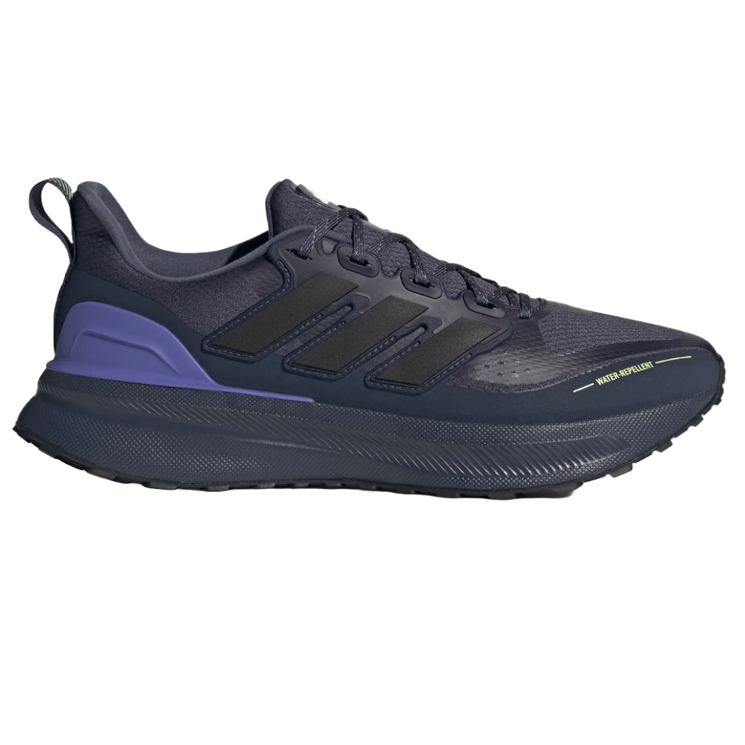 Adidas Ultrarun 5 Running Shoes feature a sleek design with a water-repellent upper, black and purple color scheme, and three black stripes on the side. They offer durable cushioning and grip for running.