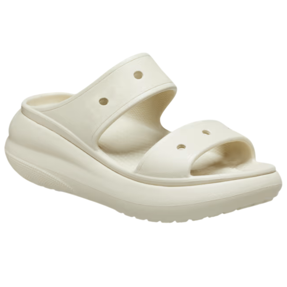 Cream-colored slide sandal with a thick, cushioned sole and two perforated straps for breathability.