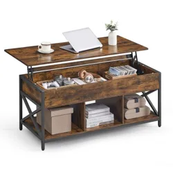 A rustic industrial-style coffee table with a lift-top feature, providing storage space for items like books, headphones, and small boxes. The design includes metal legs with cross-bracing for support.