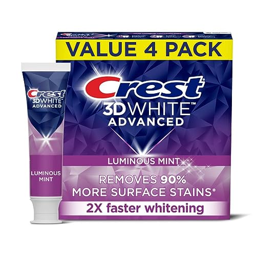A 4-pack of Crest 3D White Advanced toothpaste in Luminous Mint flavor, claiming to remove 90% of surface stains and whiten teeth 2x faster.