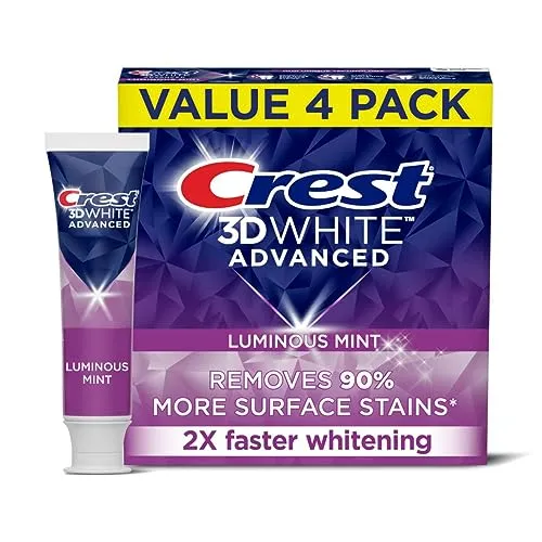 A 4-pack of Crest 3D White Advanced toothpaste in Luminous Mint flavor, claiming to remove 90% of surface stains and whiten teeth 2x faster.