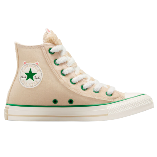Converse Chuck Taylor All Star high-top sneaker in beige with green accents, featuring faux fur details and white laces.