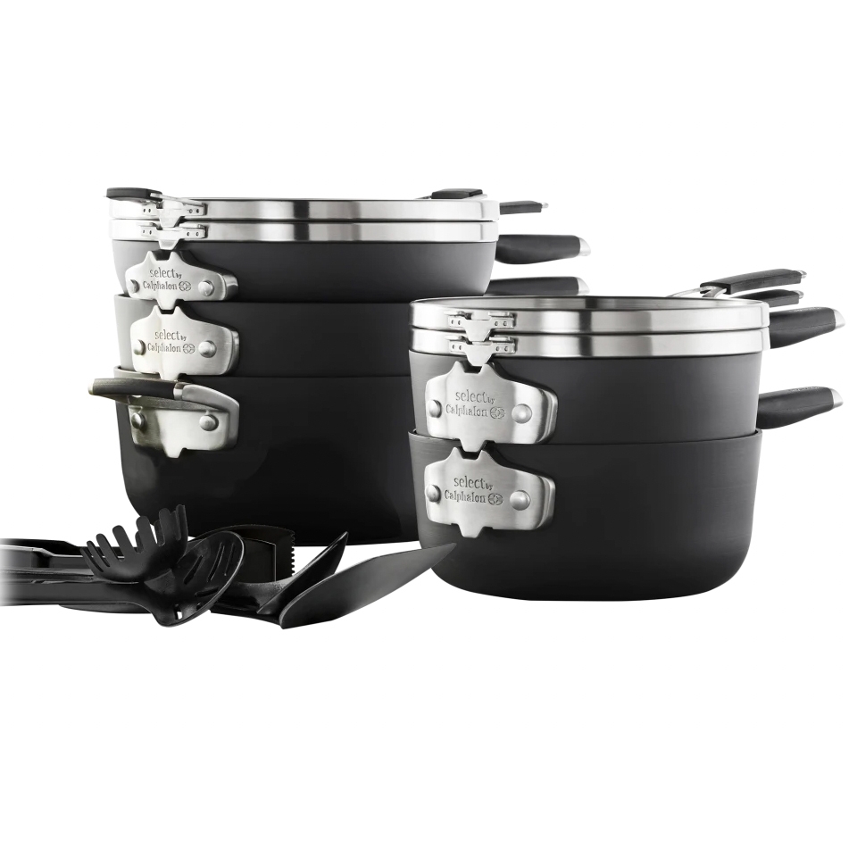 Stacked nonstick cookware set with utensils featuring pots and pans, stainless steel accents, and handles labeled \“Select by Calphalon.\“