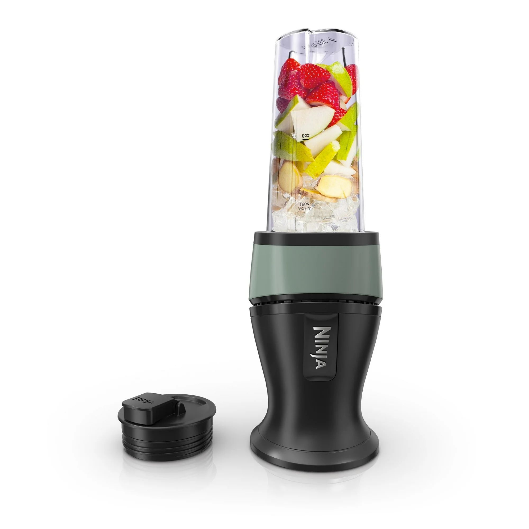 Ninja Fit Personal Blender in black with a sleek design, featuring a clear blending cup filled with fruit and ice; the removable lid is placed beside the base.