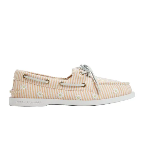 A yellow striped boat shoe with white floral embroidery, white laces, and a white sole, featuring the brand name \“Sperry Top-Sider\“ on the side.