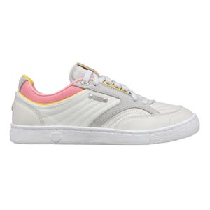 K-Swiss Ambassador Elite Lace-Up Sneakers feature a white leather upper with pink and yellow accents, textured sole, and signature K-Swiss branding on the side. They combine classic design with a sporty, casual look.
