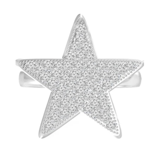 A silver ring featuring a star shape, adorned with numerous small, sparkling crystals.