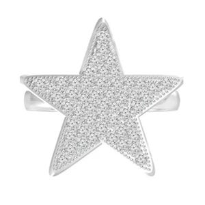 A silver ring featuring a star shape, adorned with numerous small, sparkling crystals.