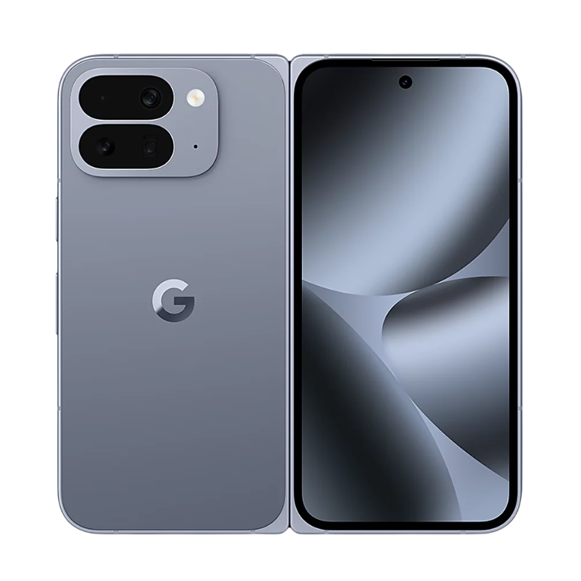 A foldable smartphone with a gray exterior and a camera module on the back featuring three lenses and a flash. The interior screen displays an abstract design with a hole-punch front camera.