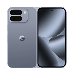 A foldable smartphone with a gray exterior and a camera module on the back featuring three lenses and a flash. The interior screen displays an abstract design with a hole-punch front camera.