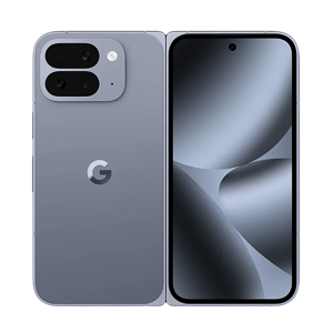 A foldable smartphone with a gray exterior and a camera module on the back featuring three lenses and a flash. The interior screen displays an abstract design with a hole-punch front camera.