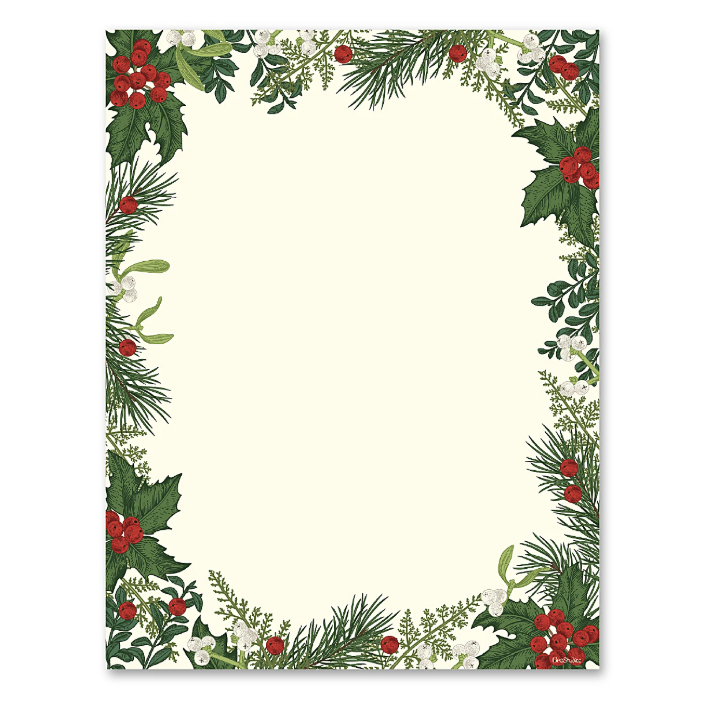 Festive stationery with a holiday-themed border featuring holly, pine branches, and red berries on a cream background.