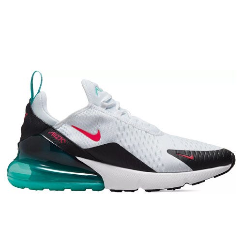 The Nike Air Max 270 features a white mesh upper with black accents, a prominent turquoise air cushion in the heel, and red Nike swoosh logos.