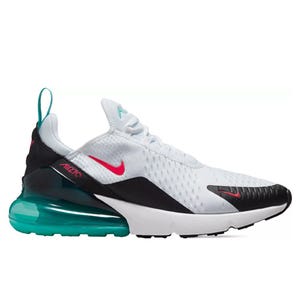 The Nike Air Max 270 features a white mesh upper with black accents, a prominent turquoise air cushion in the heel, and red Nike swoosh logos.