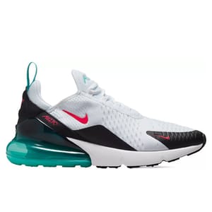 The Nike Air Max 270 features a white mesh upper with black accents, a prominent turquoise air cushion in the heel, and red Nike swoosh logos.