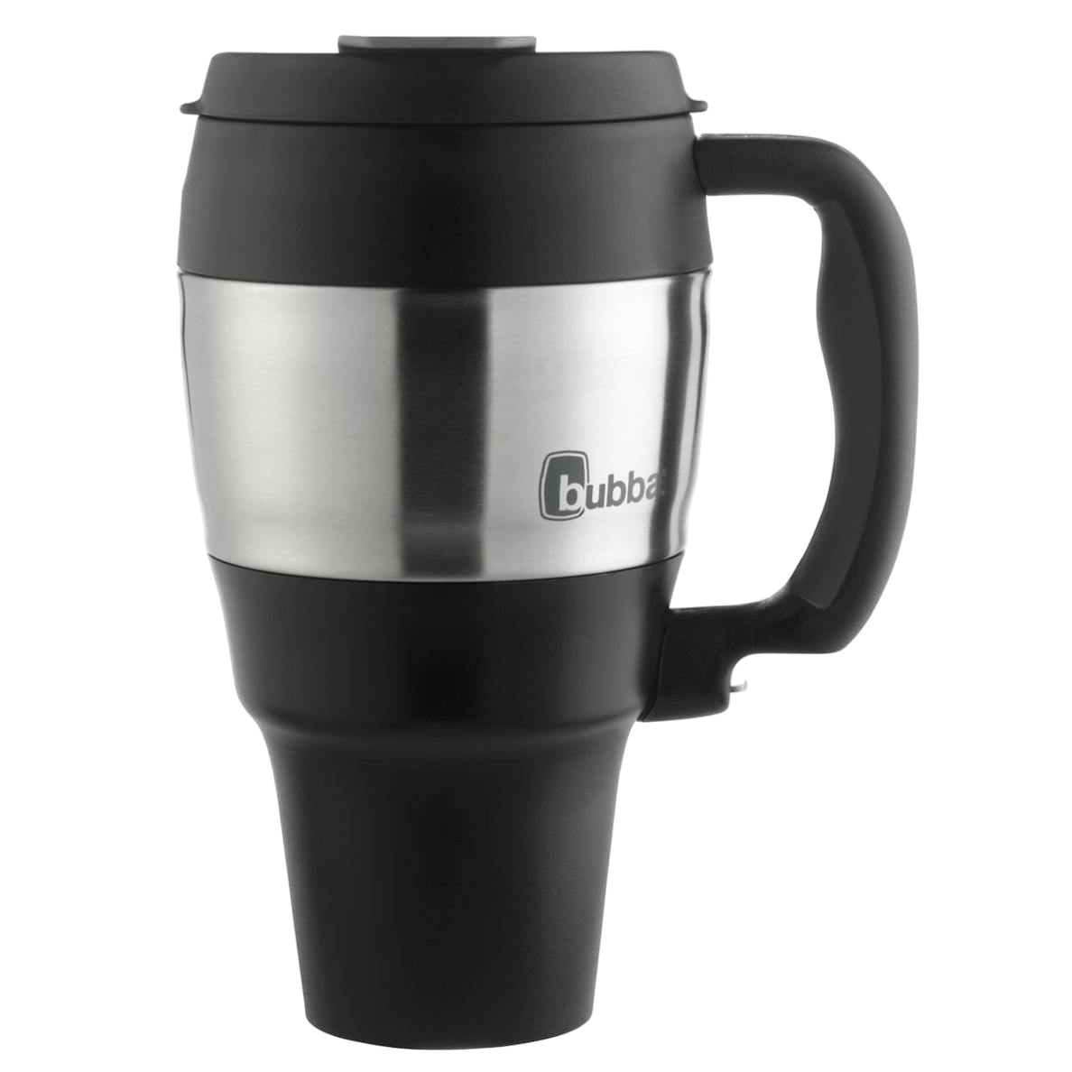 A stainless steel travel mug with a black handle and lid. The mug has an ergonomic design for easy carrying and a brand logo on its side.