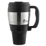 A stainless steel travel mug with a black handle and lid. The mug has an ergonomic design for easy carrying and a brand logo on its side.