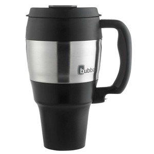 A stainless steel travel mug with a black handle and lid. The mug has an ergonomic design for easy carrying and a brand logo on its side.