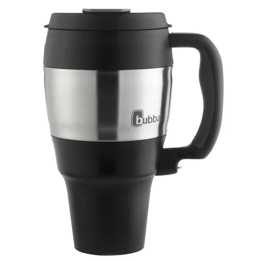 A stainless steel travel mug with a black handle and lid. The mug has an ergonomic design for easy carrying and a brand logo on its side.
