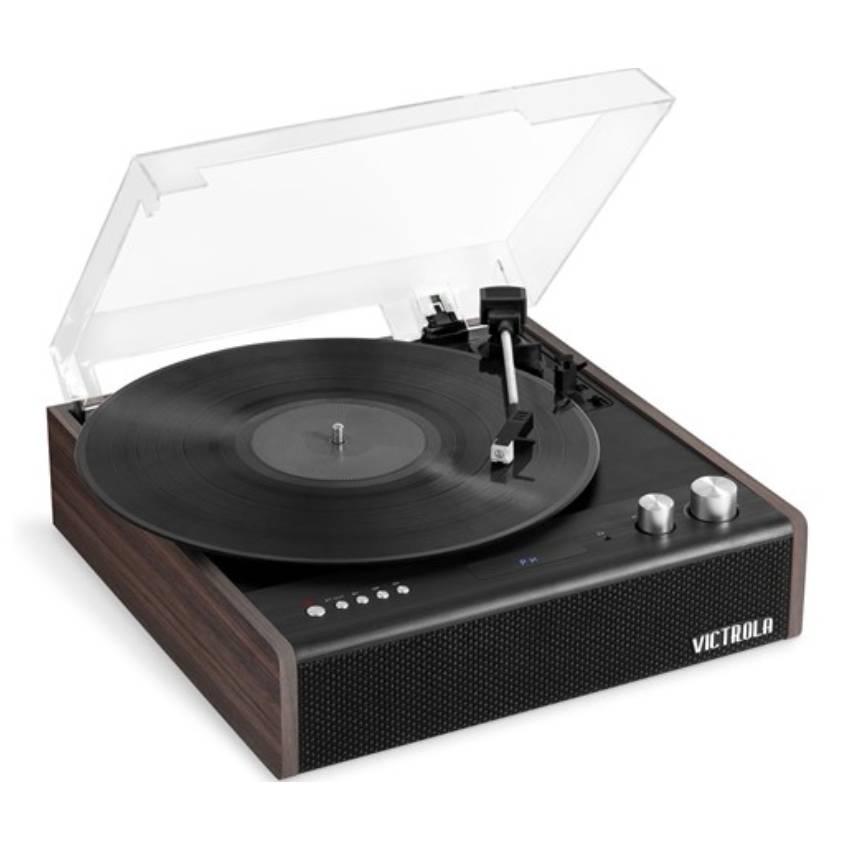 The Victrola Bluetooth Record Player combines a classic turntable with modern features, including Bluetooth connectivity and built-in speakers. It has a wooden finish, a clear dust cover, and controls for volume and settings.