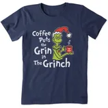 Navy blue T-shirt featuring a cartoon character with a Santa hat, holding a mug. Text reads, \“Coffee Puts the Grin in The Grinch\“ with the mug labeled \“Life is Good.\“