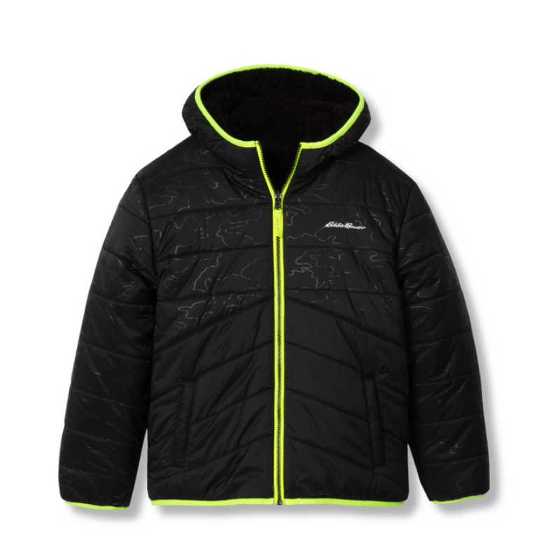 Black puffer jacket with neon yellow accents, featuring a reversible design and a hood. The jacket has a zip-up front, with pockets and a subtle pattern.