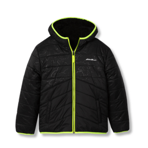 Black puffer jacket with neon yellow accents, featuring a reversible design and a hood. The jacket has a zip-up front, with pockets and a subtle pattern.