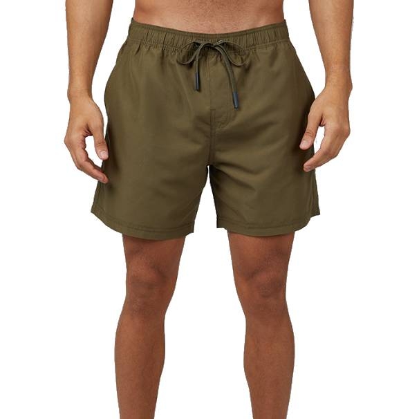 Olive green men's swim trunks with an elastic waistband and drawstring closure.
