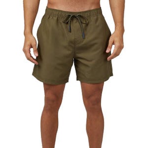 Olive green men's swim trunks with an elastic waistband and drawstring closure.