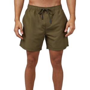 Olive green men's swim trunks with an elastic waistband and drawstring closure.