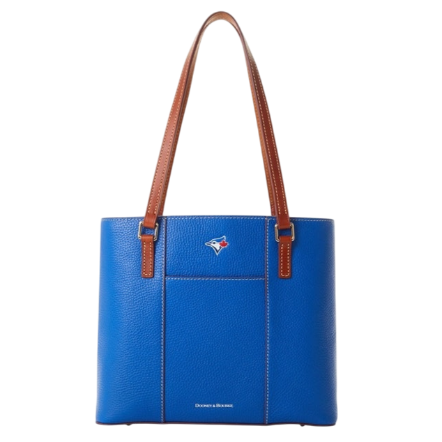 Blue tote bag with brown straps, featuring a small logo of a blue bird with a red maple leaf, and the brand name Dooney & Bourke at the bottom.
