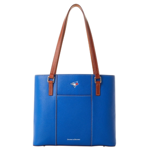 Blue tote bag with brown straps, featuring a small logo of a blue bird with a red maple leaf, and the brand name Dooney & Bourke at the bottom.