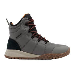 A high-top hiking boot featuring a gray textile upper, orange accents, red laces, and a textured beige sole with a dark heel.