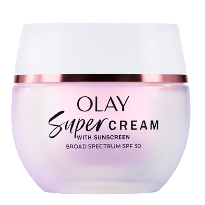 Olay Super Cream is a moisturizer with sunscreen offering broad spectrum SPF 30. It comes in a white jar with a pink and gold accent and features a lightweight texture aimed at hydrating the skin while providing sun protection.