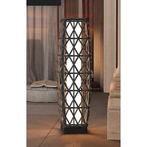 Solar-powered floor lamp with a cylindrical shape, featuring a crisscross lattice design on a black frame. It emits light from a white central core, suitable for outdoor or indoor decor.