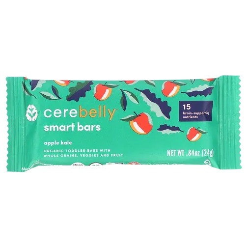 A pack of Cerebelly smart bars, apple kale flavor, organic toddler bars with whole grains, veggies, and fruit, containing 15 brain-supporting nutrients.