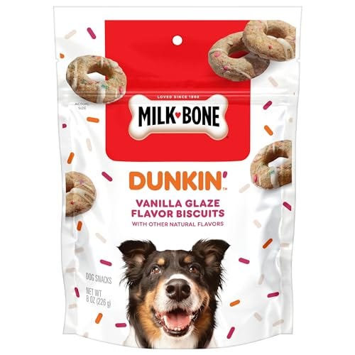 Milk-Bone Dunkin' Vanilla Glaze Flavor Biscuits for dogs, featuring vanilla glaze flavor with other natural flavors. Net weight: 8 oz (226 g).