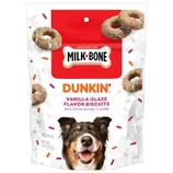 Milk-Bone Dunkin' Vanilla Glaze Flavor Biscuits for dogs, featuring vanilla glaze flavor with other natural flavors. Net weight: 8 oz (226 g).