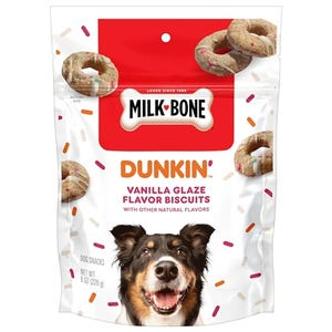 Milk-Bone Dunkin' Vanilla Glaze Flavor Biscuits for dogs, featuring vanilla glaze flavor with other natural flavors. Net weight: 8 oz (226 g).