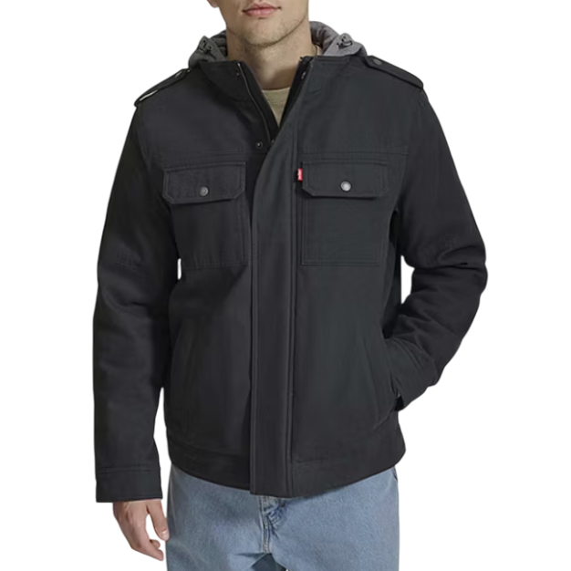 Levi's Military Sherpa Hooded Work Jacket is black with a front zip, buttoned flap pockets, and a detachable gray hood. It features shoulder epaulettes and a stylish, functional design, ideal for casual wear.