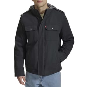 Levi's Military Sherpa Hooded Work Jacket is black with a front zip, buttoned flap pockets, and a detachable gray hood. It features shoulder epaulettes and a stylish, functional design, ideal for casual wear.
