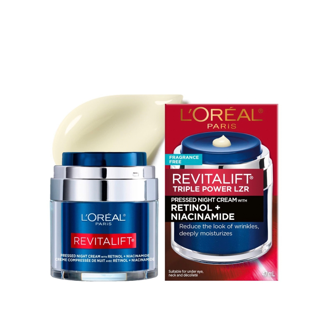 Two-pack of L'Oreal Paris Revitalift Triple Power LZR night cream, presented in blue and white jars with red packaging, formulated with Retinol and Niacinamide to reduce wrinkles and moisturize.