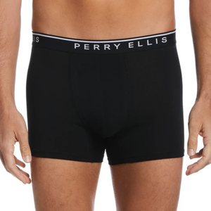 Black men's boxer briefs with a white \“Perry Ellis\“ logo on the waistband.