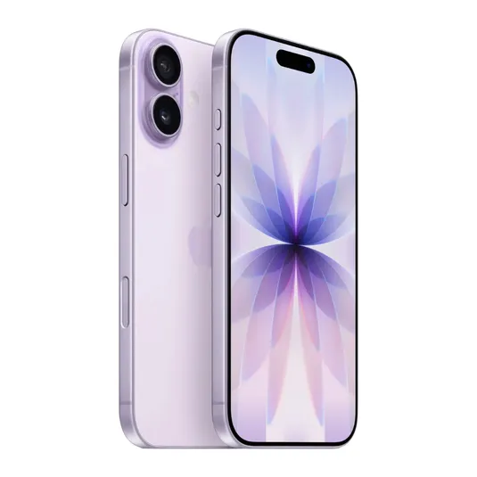 A purple smartphone with a dual-camera setup on the back and a front display featuring a floral graphic.