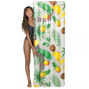Inflatable pool raft featuring a tropical fruit and leaf pattern, including pineapples, bananas, and coconuts, with approximate dimensions of 72\“x27\“.