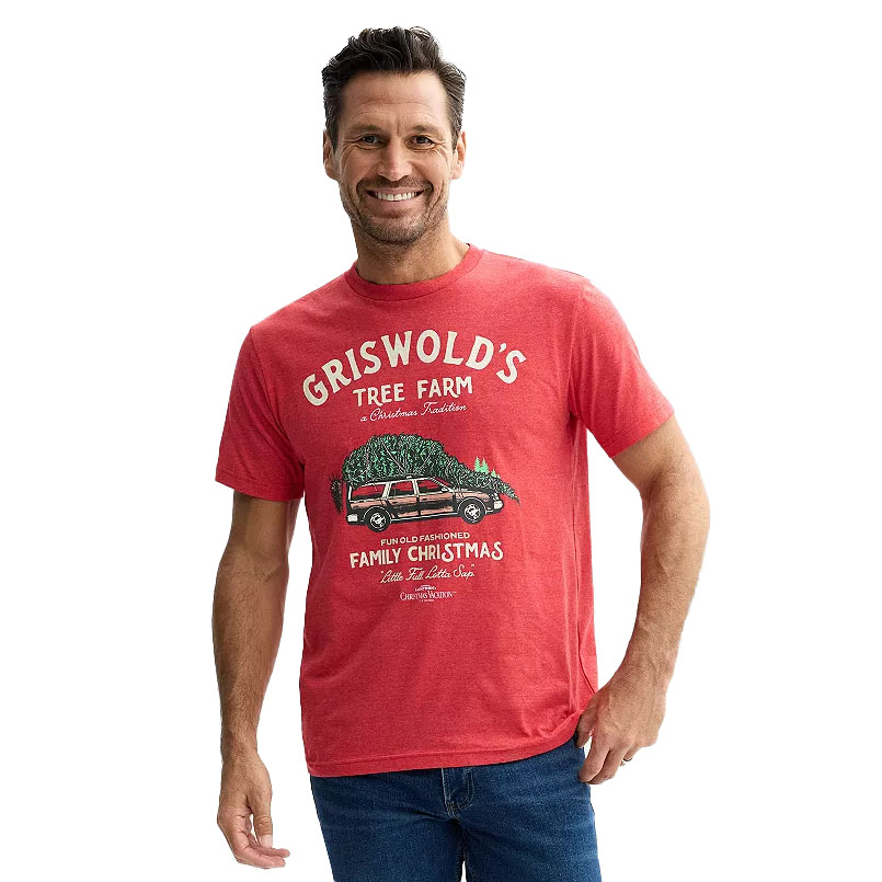 A red t-shirt featuring a graphic of a car with a Christmas tree on top and text that reads \“Griswold's Tree Farm Est. 1989 Family Christmas.\“