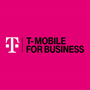 T-Mobile for Business logo on a magenta background, featuring the iconic \“T\“ logo and bold black text promoting business services.