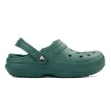 A green, fleece-lined clog with ventilation holes and a rotating heel strap, featuring a circular logo on the side.