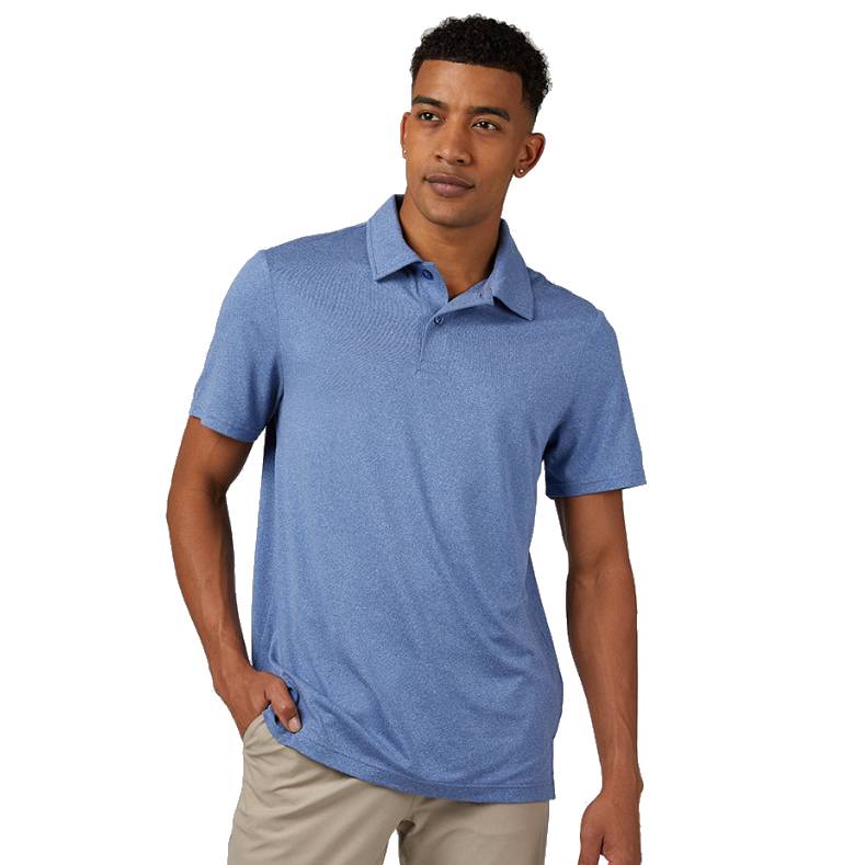 Men’s moisture-wicking polo shirt in a solid blue color, featuring a classic collar and short sleeves. The shirt is designed for comfort and active wear, with a casual yet polished appearance.