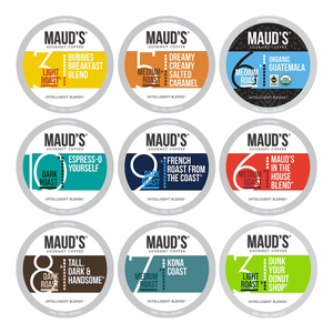Maud's Gourmet Coffee features nine K-cup blends: Bubbies Breakfast Blend, Dreamy Creamy Salted Caramel, Organic Guatemala, Espresso-O Yourself, French Roast from the Coast, Maud's in the House Blend, Tall, Dark & Handsome, Kona Coast, and Dunk Your Donut Shop.